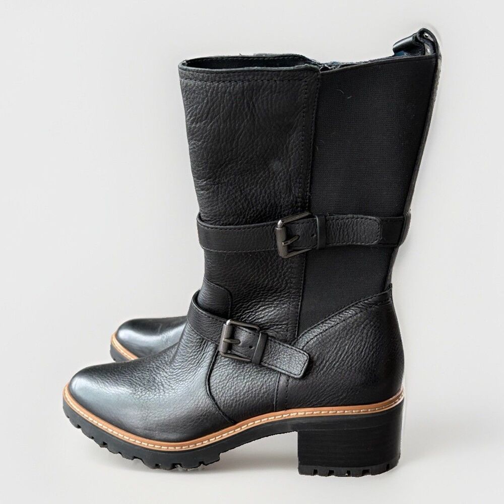 Naturalizer Tex Black Leather Moto Boots Size 9M Women's Mid-Calf Lug Sole